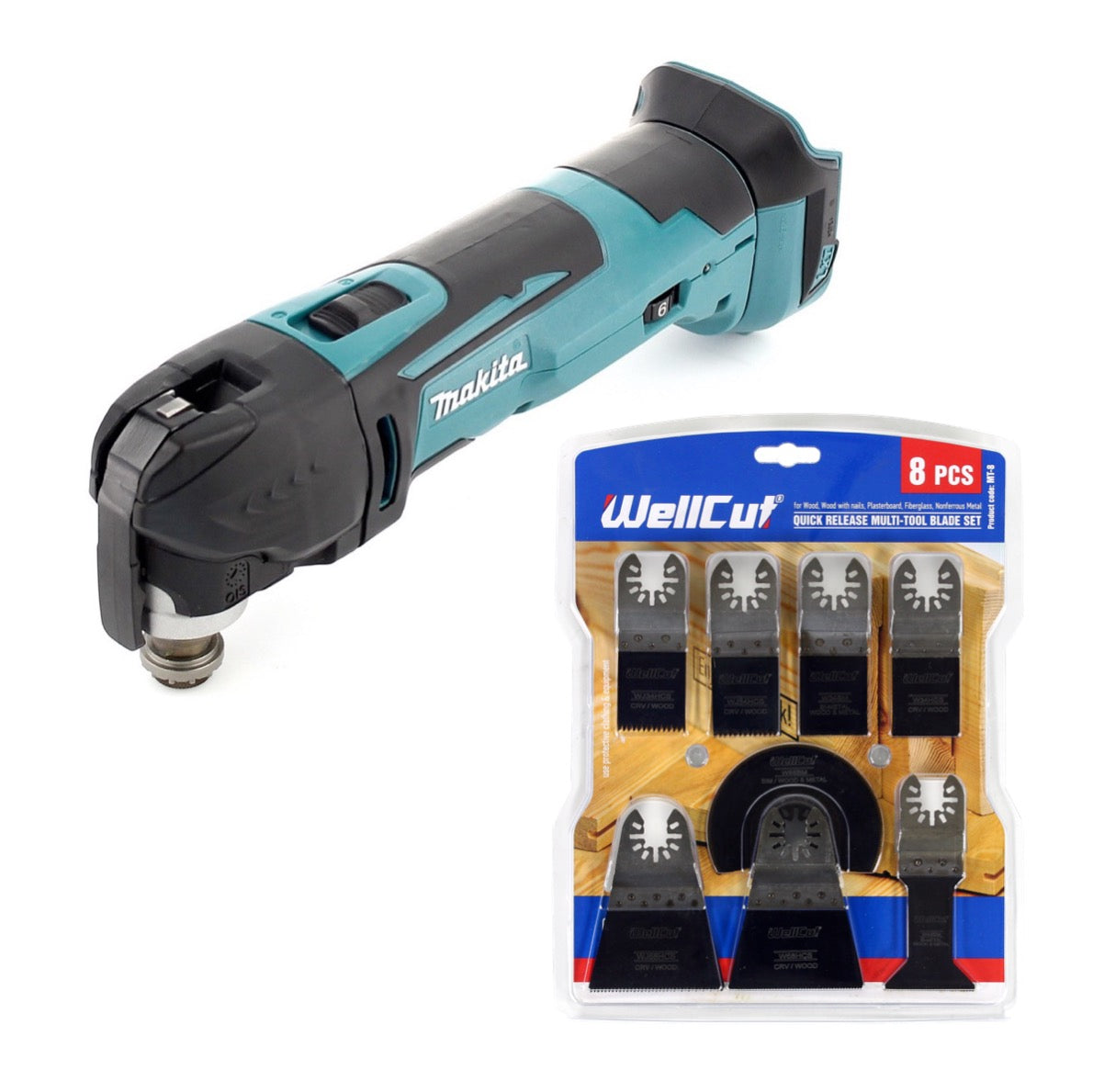 Makita DTM 51 Z Multi-herramienta a batería 18V + Juego de cuchillas de sierra multiherramientas Wellcut MT-8 - Sin batería, sin cargador, sin maletín incluidos