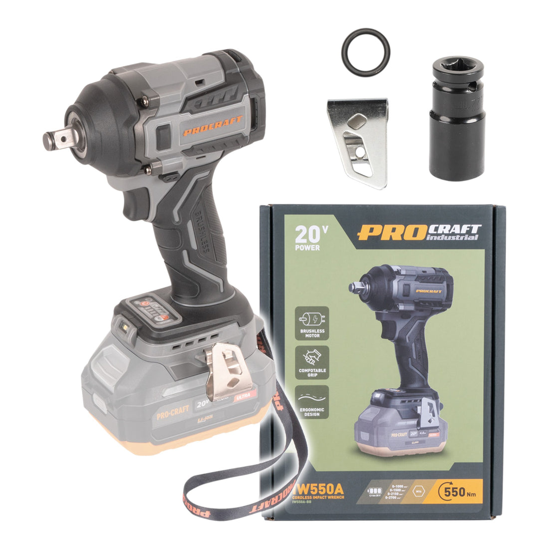 Procraft Industrial IW550Abb Atornillador de impacto a batería 20 V 550 Nm 1/2" Solo - sin batería, sin cargador