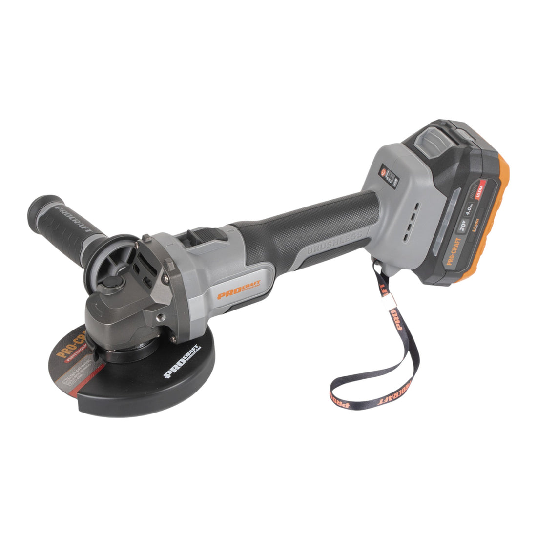 Procraft Industrial AG125A Amoladora angular a batería 20 V 125 mm sin escobillas + 1 batería de 4,0 Ah + cargador + maletín