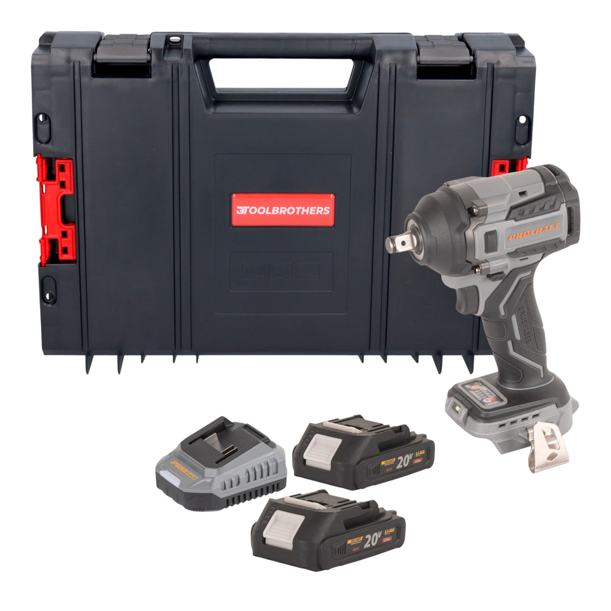 Procraft Industrial IW550Abb Atornillador de impacto a batería 20 V 550 Nm 1/2" + 2x batería 2,0 Ah + cargador + maletín RHINO