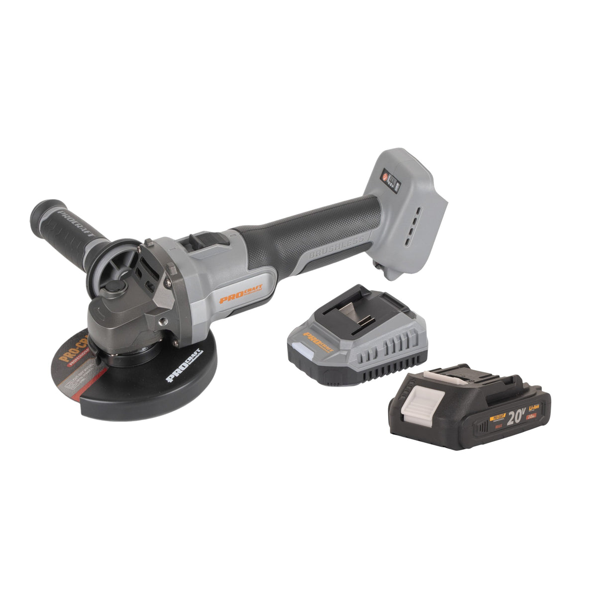 Amoladora angular con batería Procraft Industrial AG125Abb 20 V 125 mm sin escobillas + 1 batería de 2,0 Ah + cargador