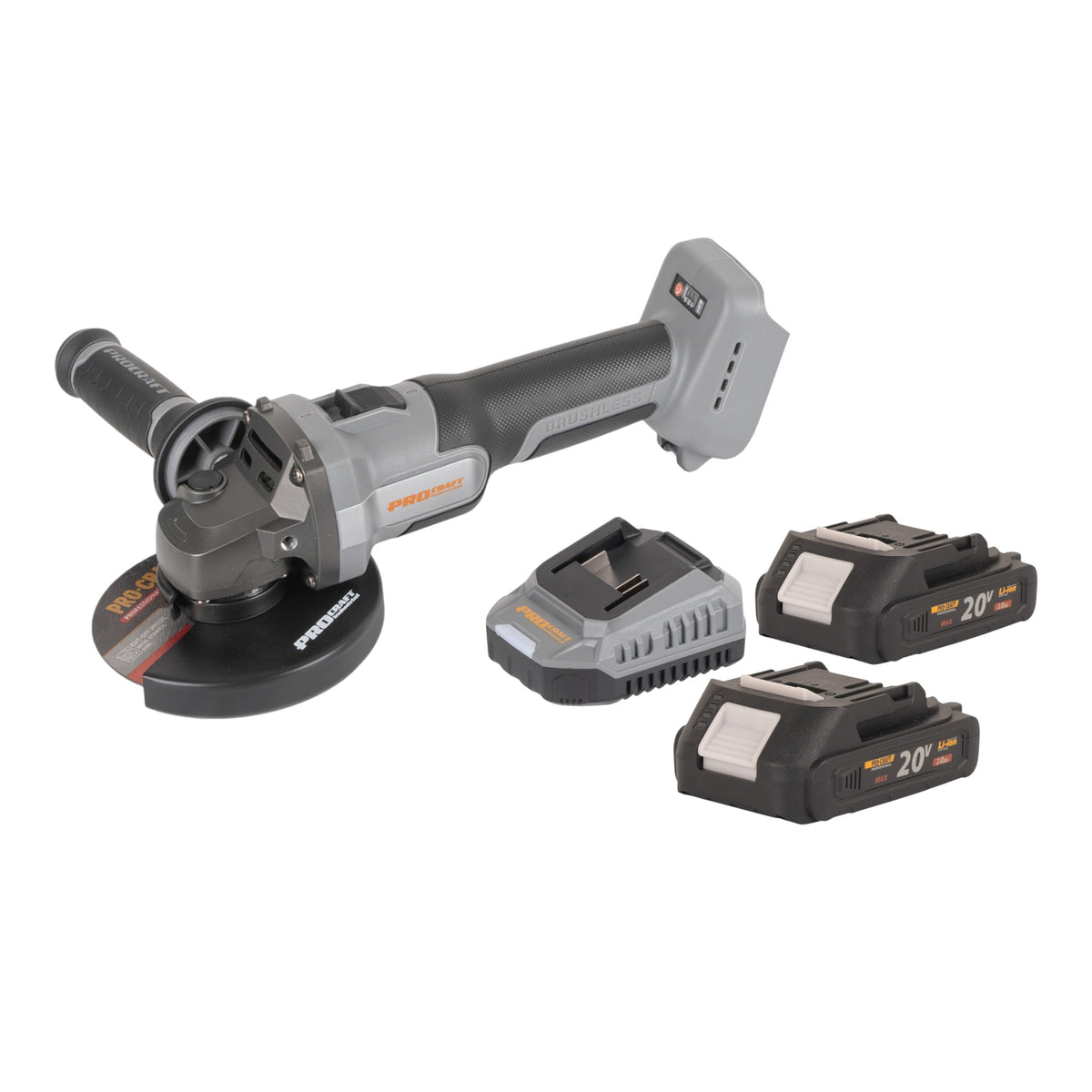 Amoladora angular con batería Procraft Industrial AG125Abb 20 V 125 mm sin escobillas + 2 baterías de 2,0 Ah + cargador