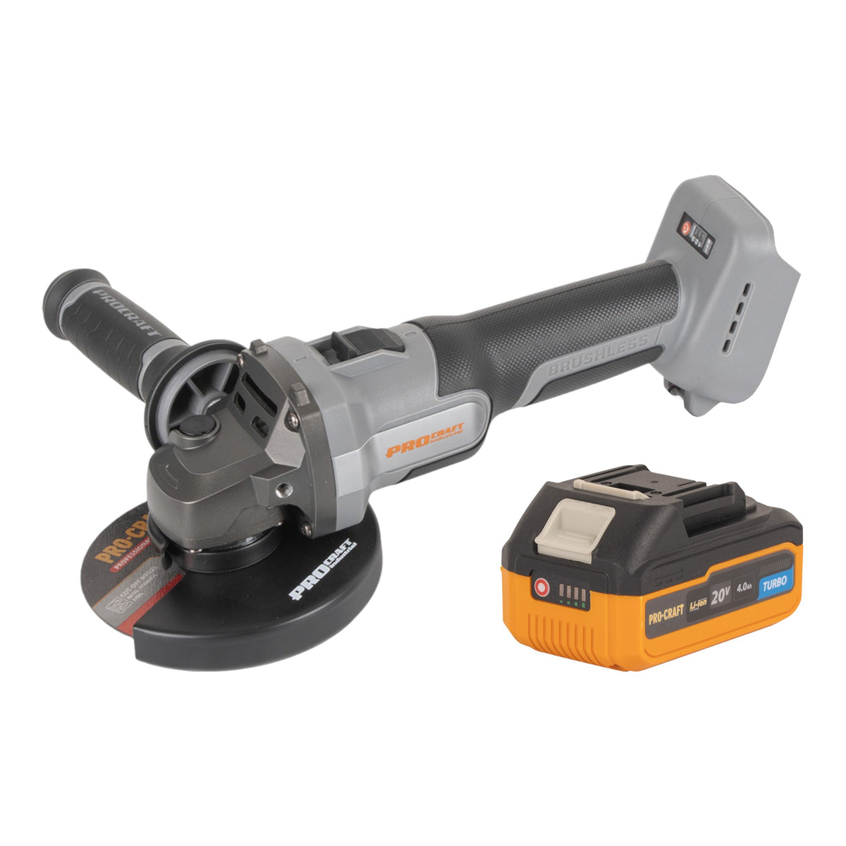 Amoladora angular inalámbrica Procraft Industrial AG125Abb 20 V 125 mm sin escobillas + 1 batería de 4,0 Ah, sin cargador