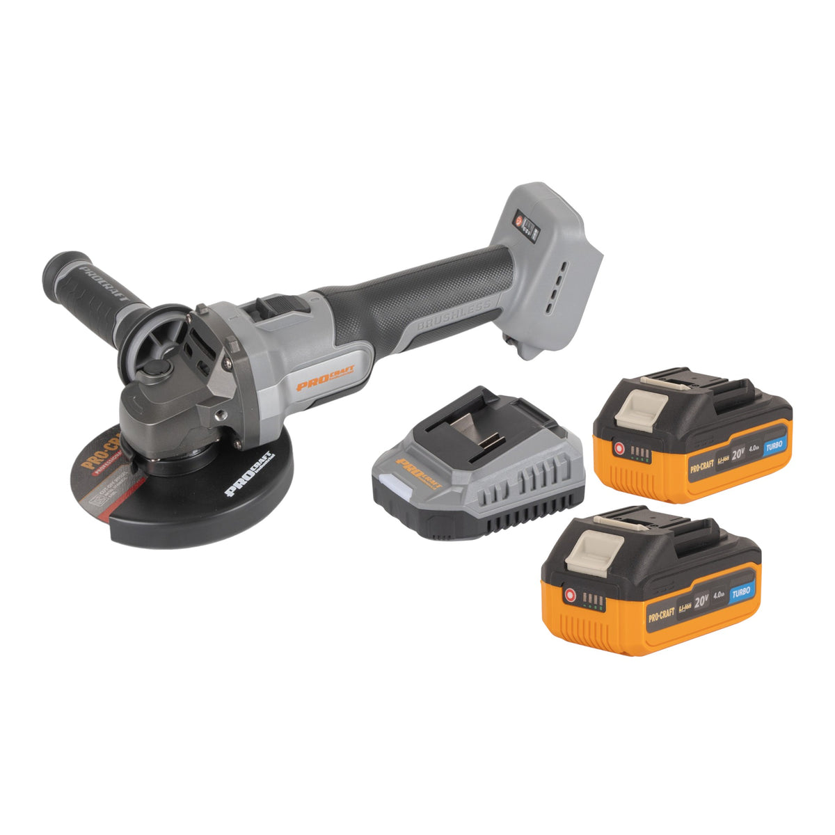 Amoladora angular sin escobillas Procraft Industrial AG125Abb 20 V 125 mm + 2 baterías de 4,0 Ah + cargador