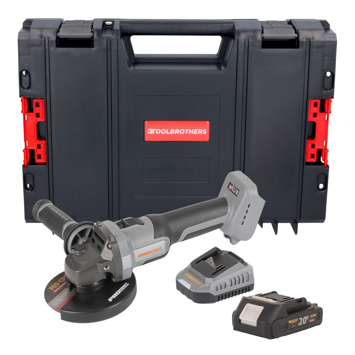 Amoladora angular con batería Procraft Industrial AG125Abb 20 V 125 mm sin escobillas + 1 batería de 2,0 Ah + cargador + maletín RHINO Toolcase