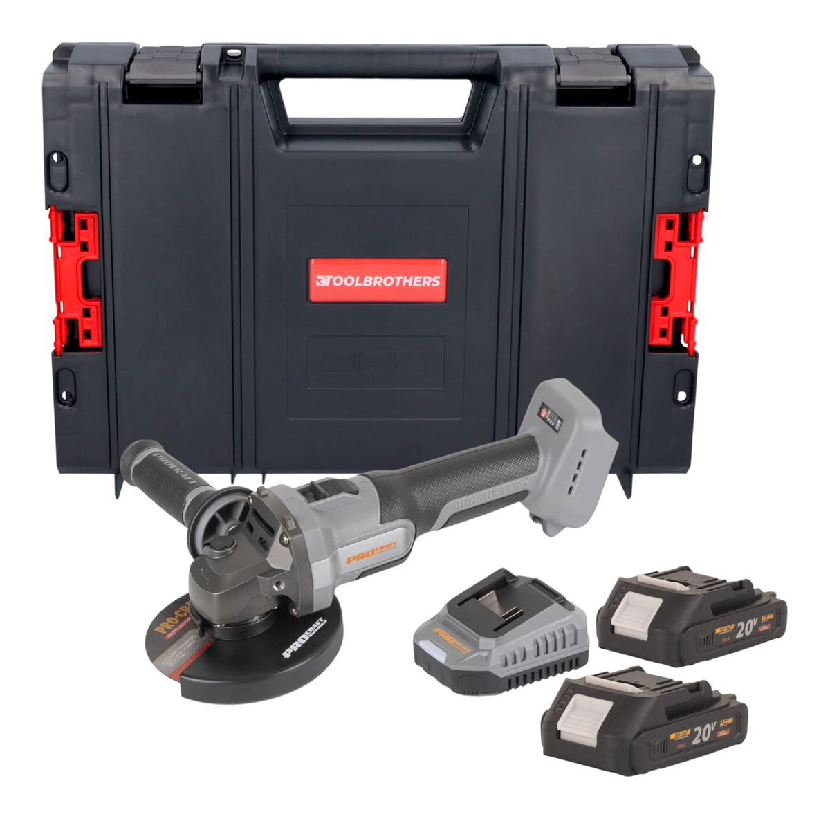 Amoladora angular a batería Procraft Industrial AG125Abb 20 V 125 mm sin escobillas + 2 baterías de 2,0 Ah + cargador + maletín RHINO