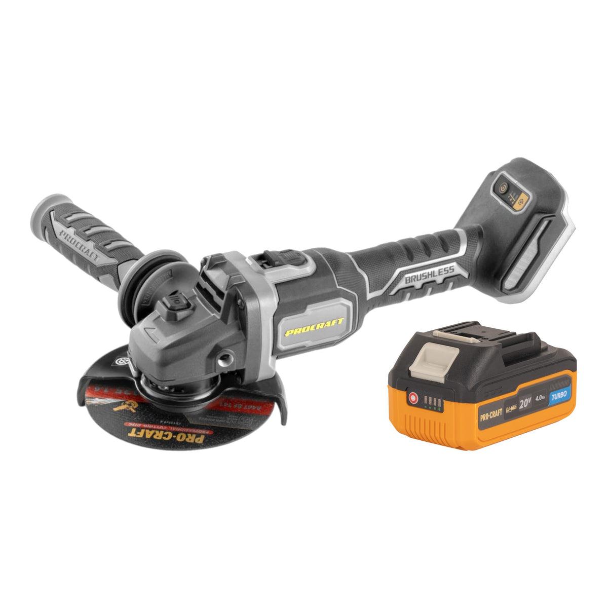 Amoladora angular con batería Procraft Industrial AG125Bbb 20 V 125 mm sin escobillas + 1 batería de 4,0 Ah - sin cargador
