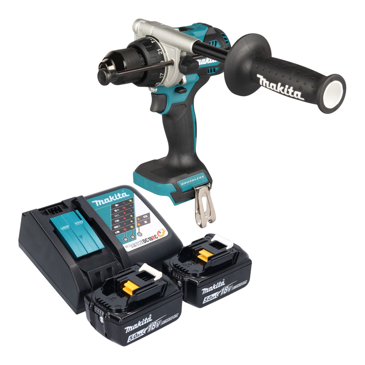 Taladro atornillador de impacto a batería Makita DHP 492 RT 18 V 141 Nm sin escobillas + 2 baterías de 5,0 Ah + cargador