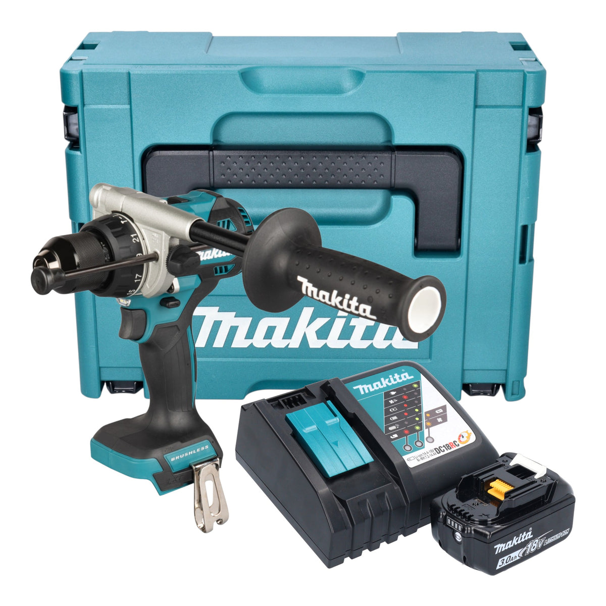 Taladro atornillador de impacto a batería Makita DHP 492 RF1J 18 V 141 Nm sin escobillas + 1 batería de 3,0 Ah + cargador + Makpac