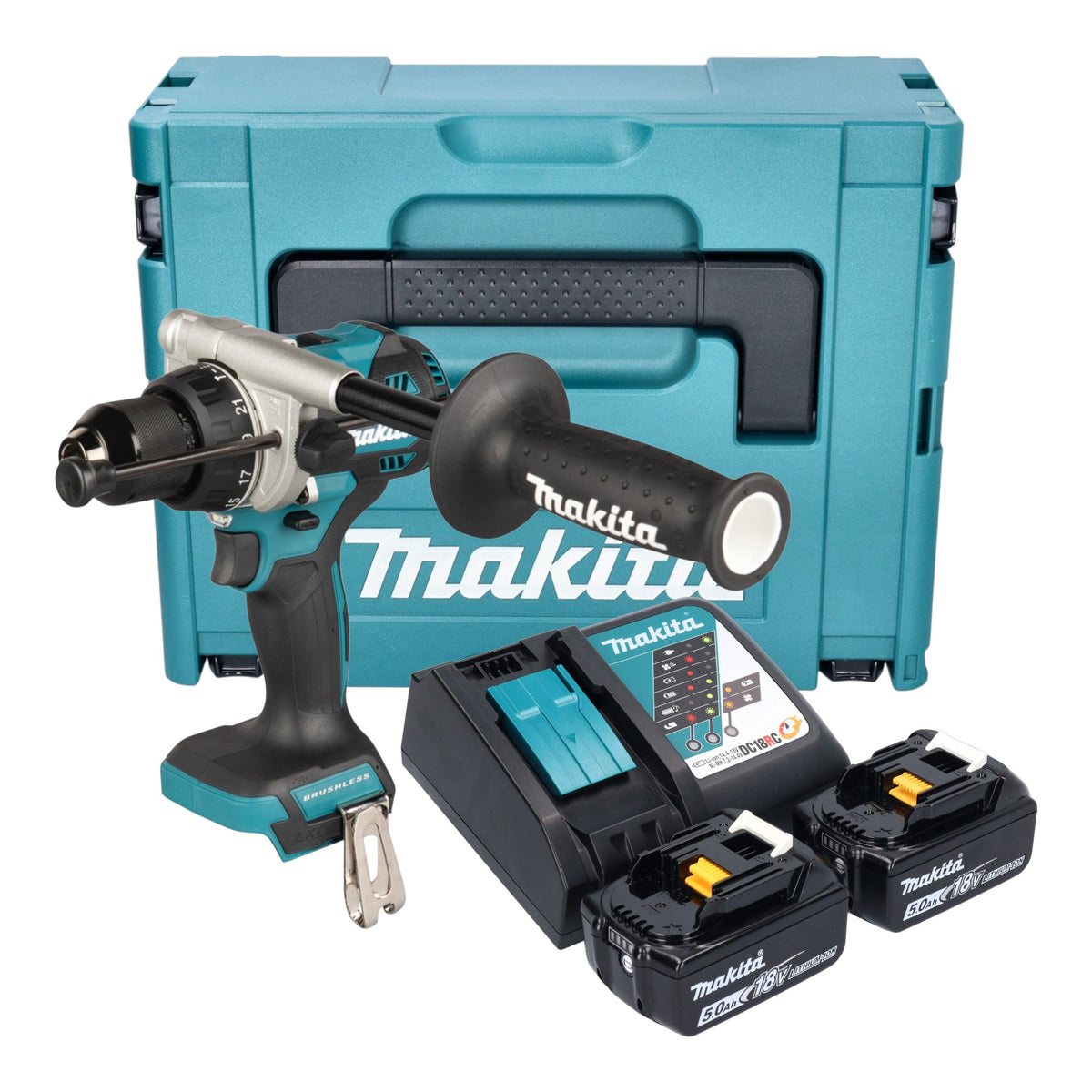 Taladro atornillador de impacto a batería Makita DHP 492 RTJ 18 V 141 Nm sin escobillas + 2 baterías de 5,0 Ah + cargador + Makpac