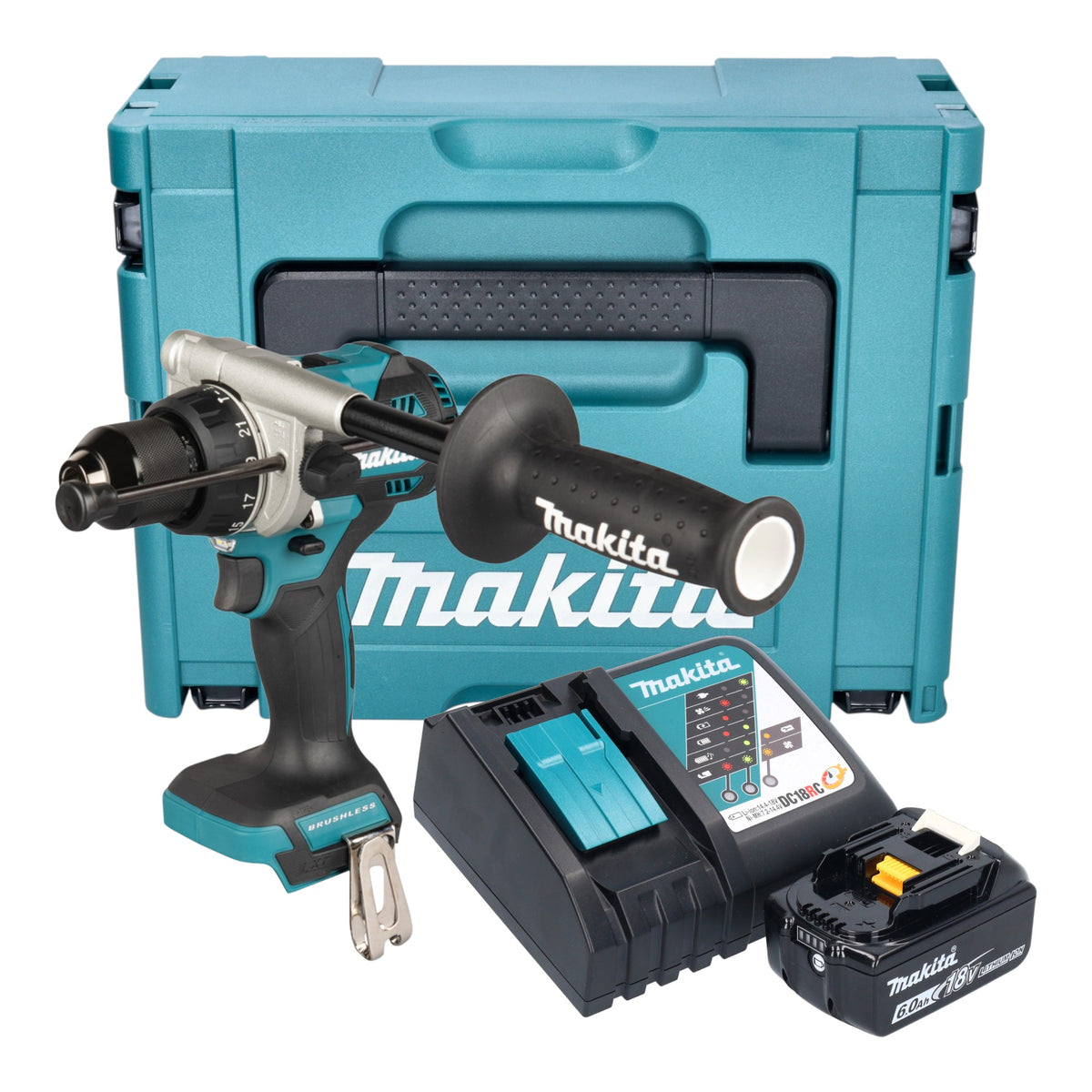 Taladro atornillador de impacto a batería Makita DHP 492 RG1J 18 V 141 Nm sin escobillas + 1 batería de 6,0 Ah + cargador + Makpac