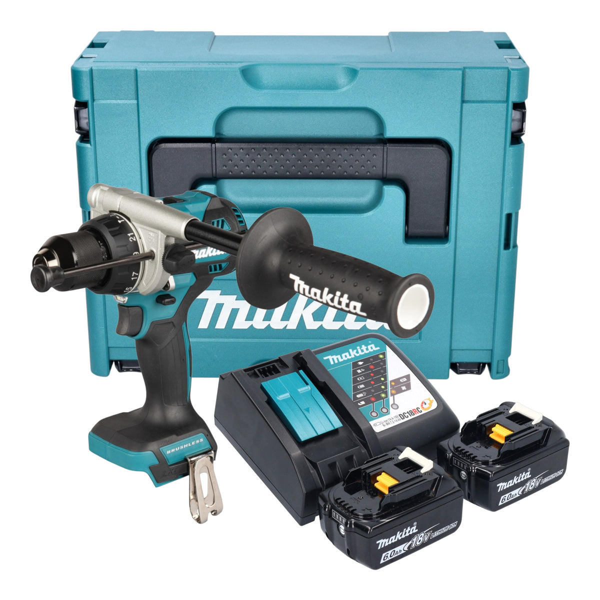 Taladro atornillador de impacto a batería Makita DHP 492 RGJ 18 V 141 Nm sin escobillas + 2 baterías de 6,0 Ah + cargador + Makpac