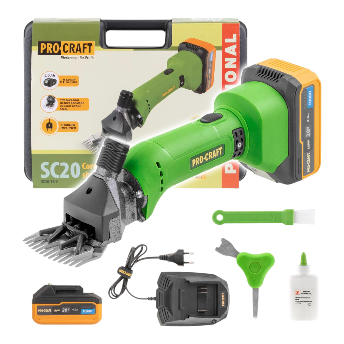 Cortadora de ovejas a batería Procraft SC20 20 V 76 mm + 1 batería 4,0 Ah + cargador + maletín