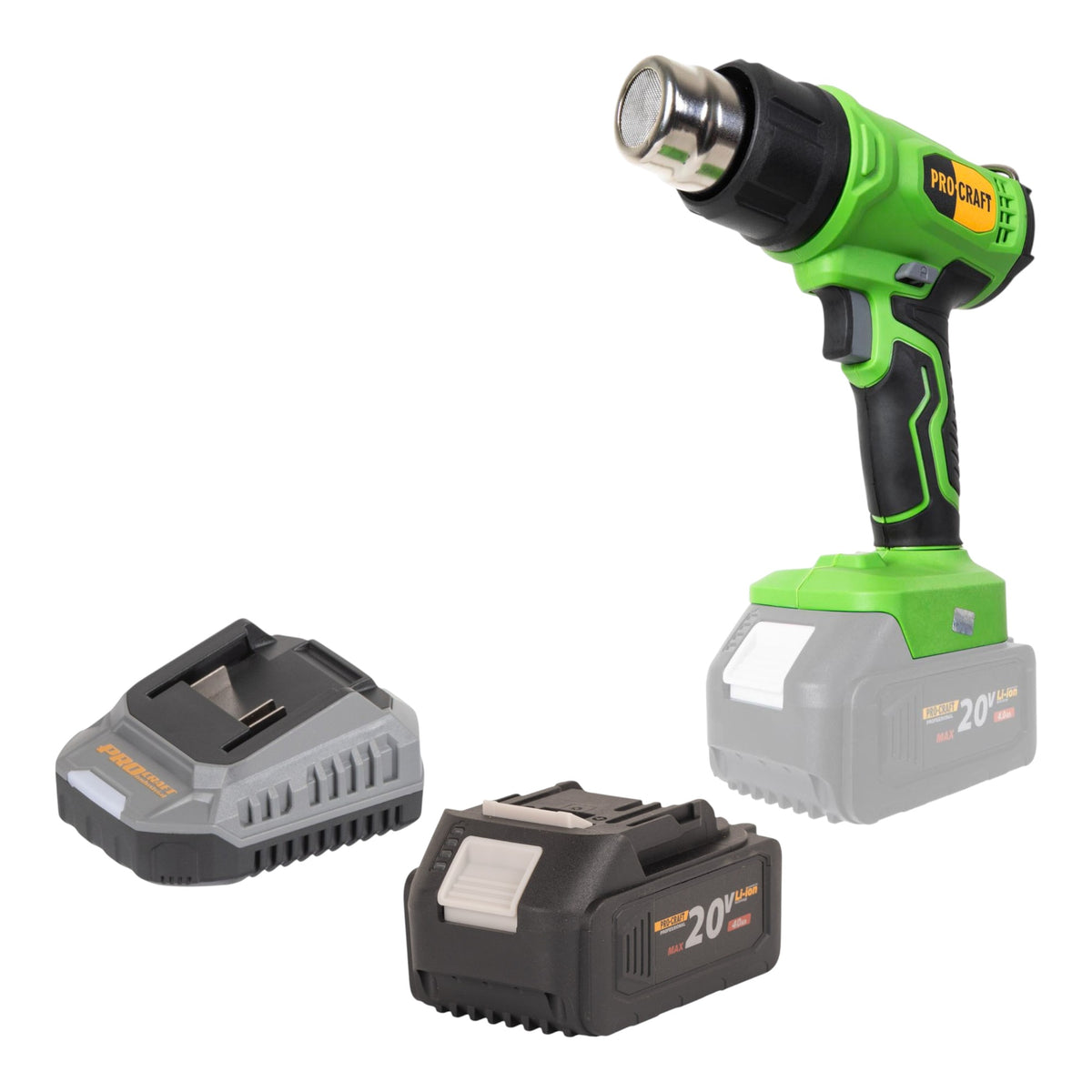 Pistola de aire caliente con batería Procraft PH24bb 20 V 50 - 550 °C + 1 batería de 4,0 Ah + cargador