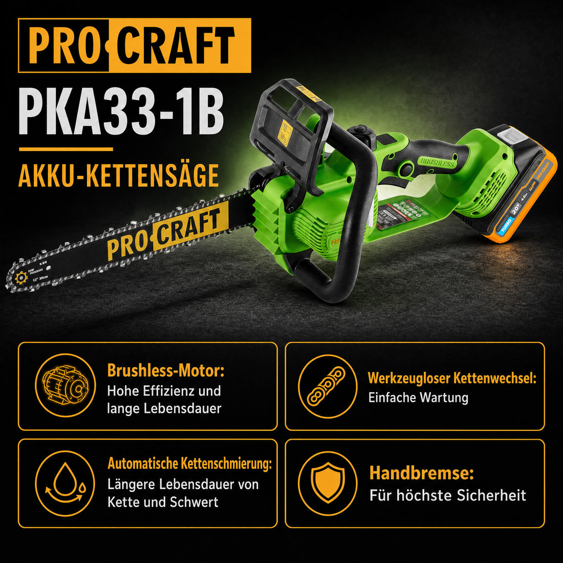 Sierra de cadena a batería Procraft PKA33-1B 20 V 304 mm sin escobillas + 1 batería de 4,0 Ah + cargador