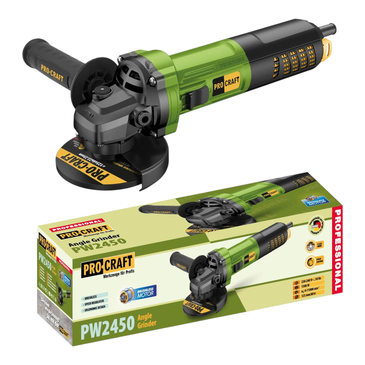 Amoladora angular Procraft PW2450 1300 vatios 125 mm sin escobillas