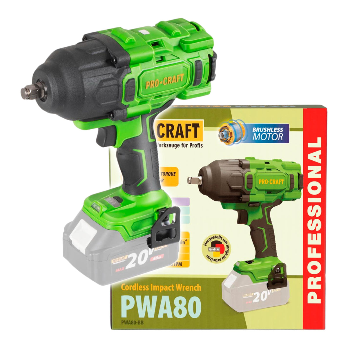Atornillador de impacto a batería Procraft PWA80bb 20 V 1600 Nm 1/2" sin escobillas Solo - sin batería, sin cargador