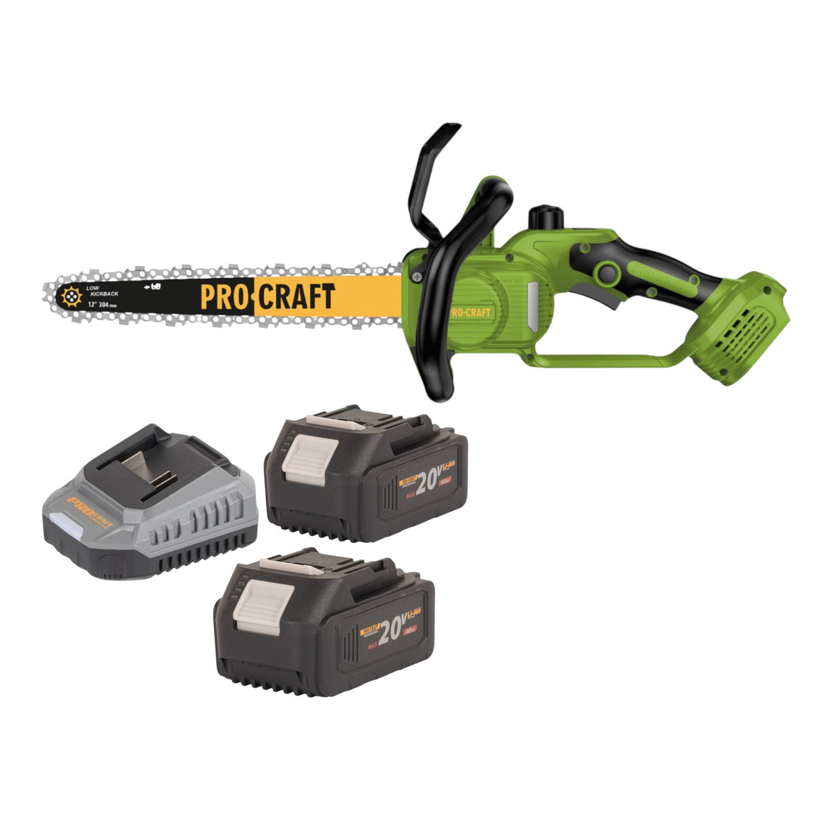 Motosierra a batería Procraft PKA33-BB 20 V 304 mm sin escobillas + 2 baterías de 4,0 Ah + cargador