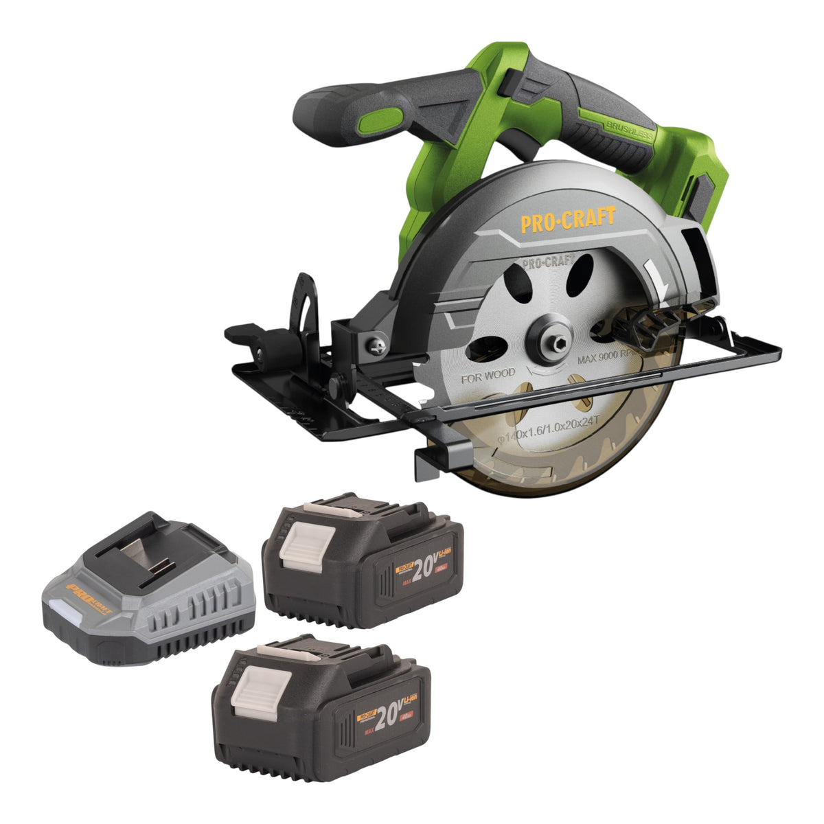 Sierra circular a batería Procraft PCA32-BB 20 V 165 mm sin escobillas + 2 baterías de 4,0 Ah + cargador