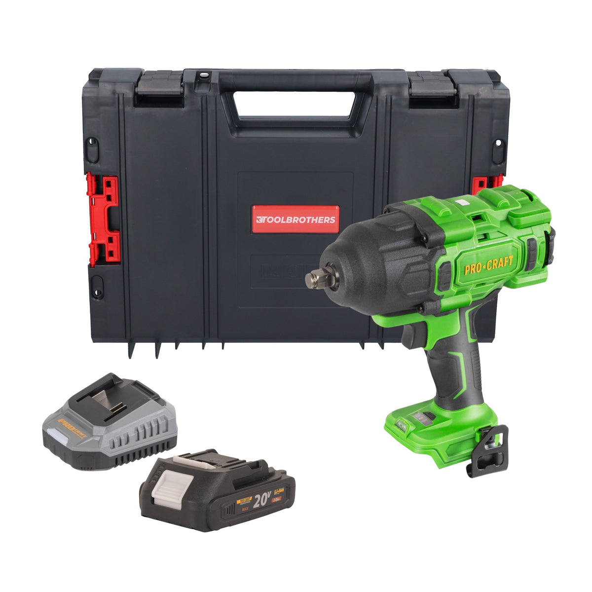 Atornillador de impacto a batería Procraft PWA80bb 20 V 1600 Nm 1/2" sin escobillas + 1 batería de 2,0 Ah + cargador + maletín RHINO