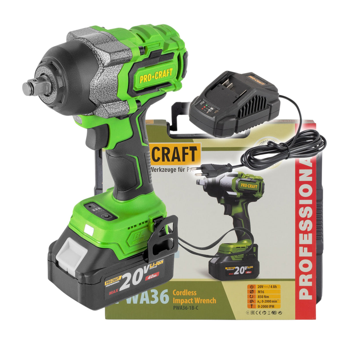 Atornillador de impacto a batería Procraft PWA36-1B-C 20 V 850 Nm 1/2" sin escobillas + 1 batería de 4,0 Ah + cargador + maletín
