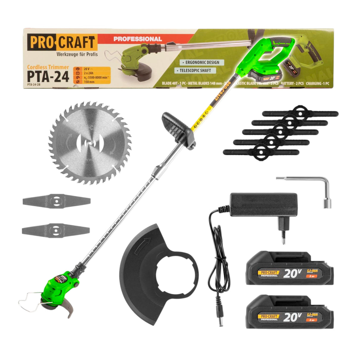 Cortabordes a batería Procraft PTA24 20 V 150 mm + 2 baterías de 2,0 Ah + cargador