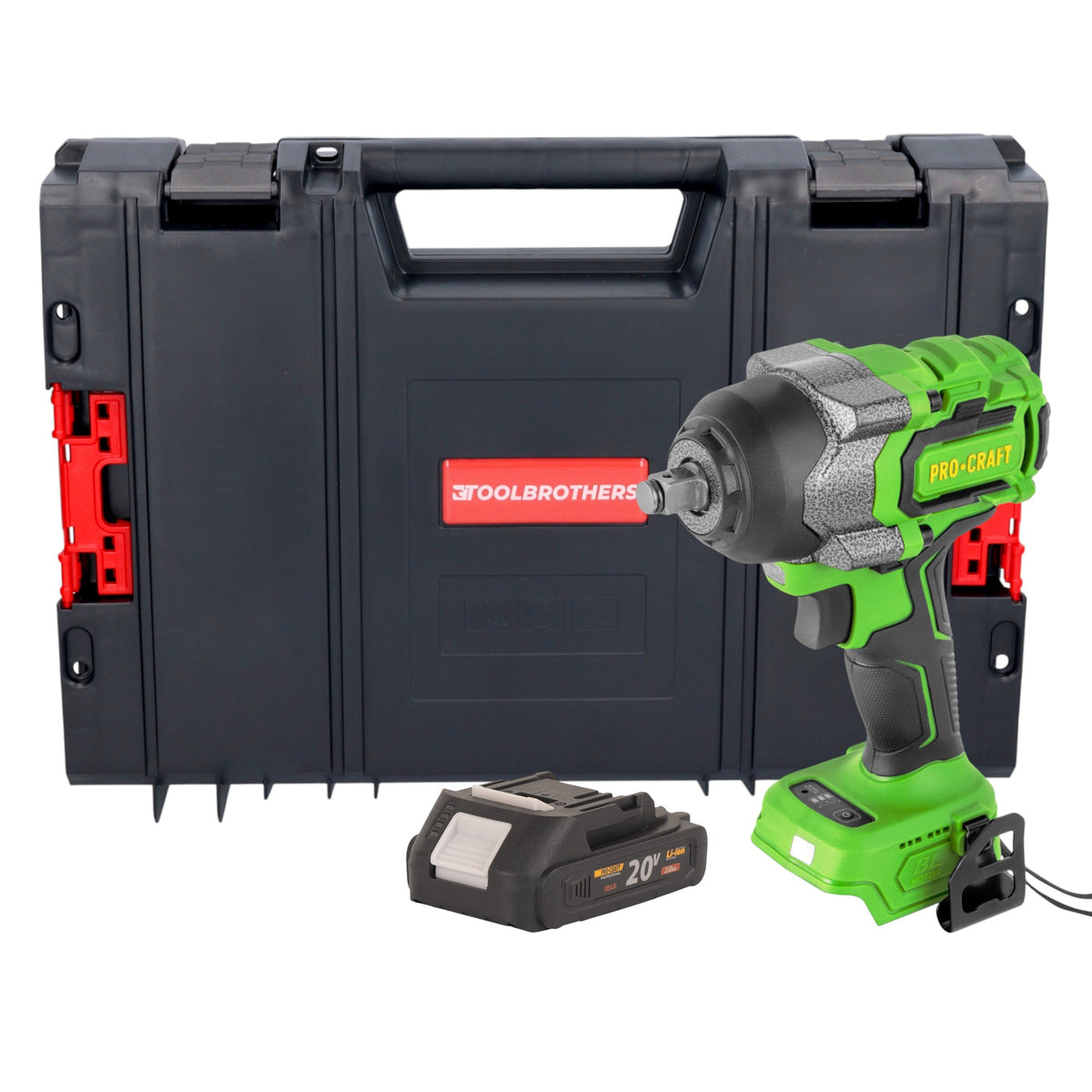 Atornillador de impacto a batería Procraft PWA36bb 20 V 850 Nm 1/2" sin escobillas + 1 batería de 2,0 Ah + maletín RHINO Toolcase - sin cargador