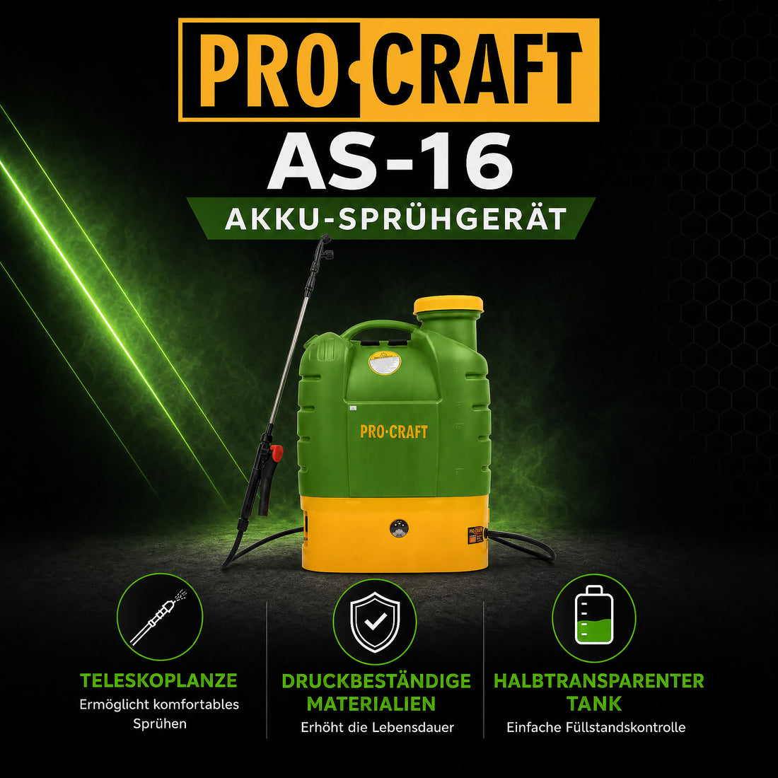 Pulverizador a batería Procraft AS-16 12 V 16 l 5,5 bar + batería integrada 8,0 Ah + cargador
