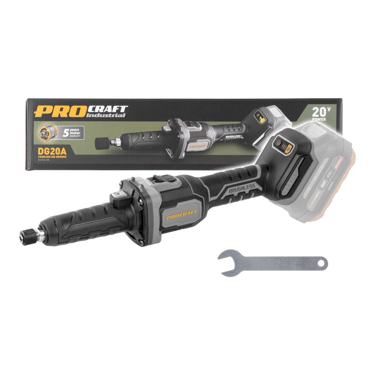 Procraft Industrial DG20A-BB Amoladora recta a batería 20 V 6 mm Brushless Solo - sin batería, sin cargador