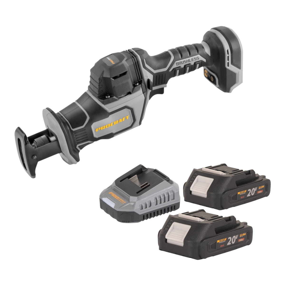 Sierra sable Procraft Industrial RS20Abb 20 V sin escobillas + 2 baterías de 2,0 Ah + cargador