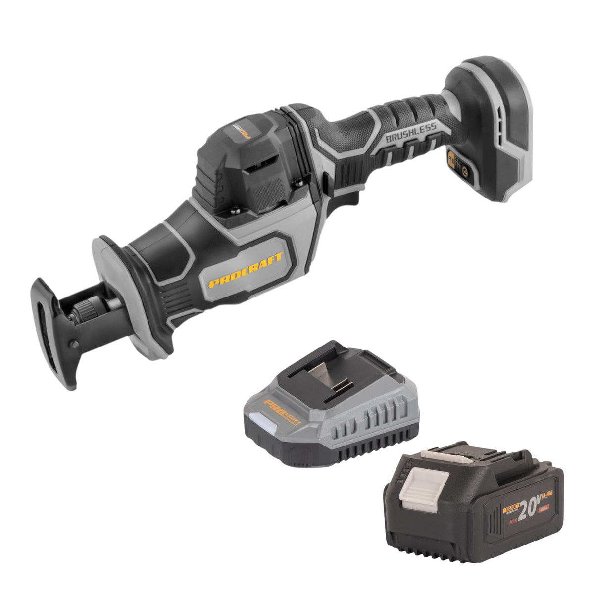 Sierra sable Procraft Industrial RS20Abb Recipro 20 V sin escobillas + 1 batería de 4,0 Ah + cargador