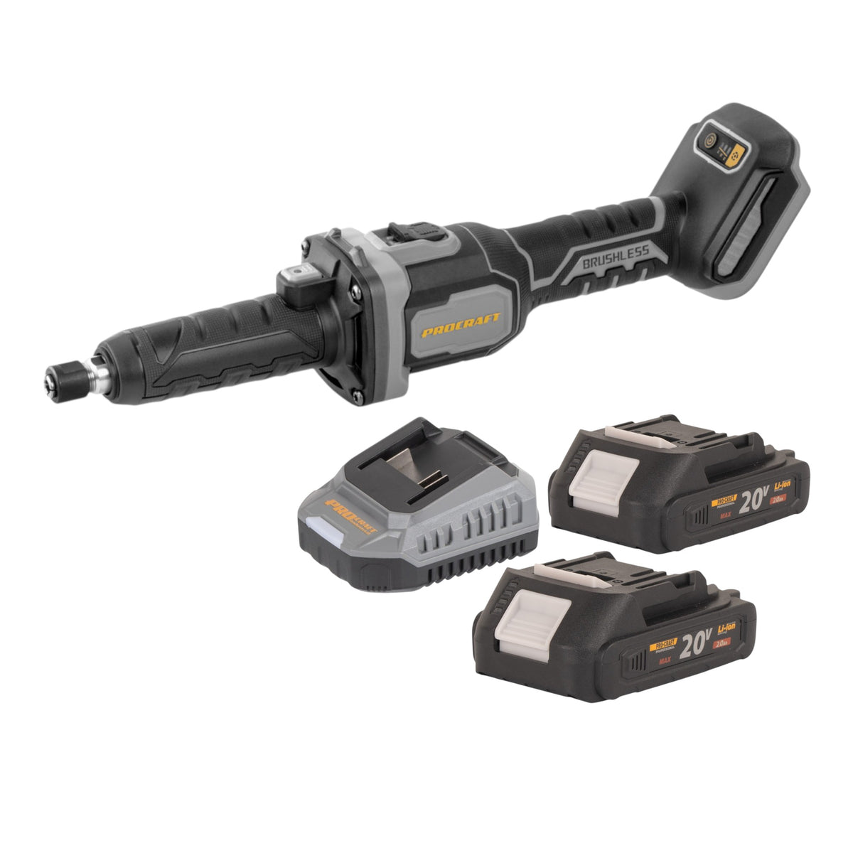 Amoladora recta con batería Procraft Industrial DG20A-BB 20 V 6 mm sin escobillas + 2 baterías de 2,0 Ah + cargador