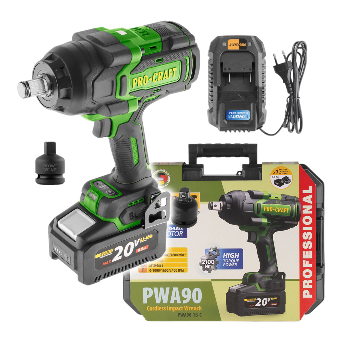 Atornillador de impacto a batería Procraft PWA90 20 V 2100 Nm 3/4" sin escobillas + 1 batería de 4,0 Ah + cargador + maletín