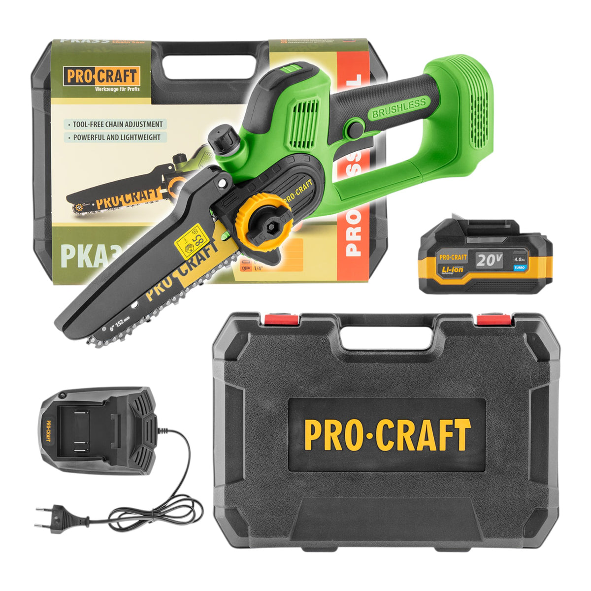 Sierra de podar a batería Procraft PKA35, sierra de cadena de 20 V, 152 mm, sin escobillas + 1 batería de 4,0 Ah + cargador + maletín
