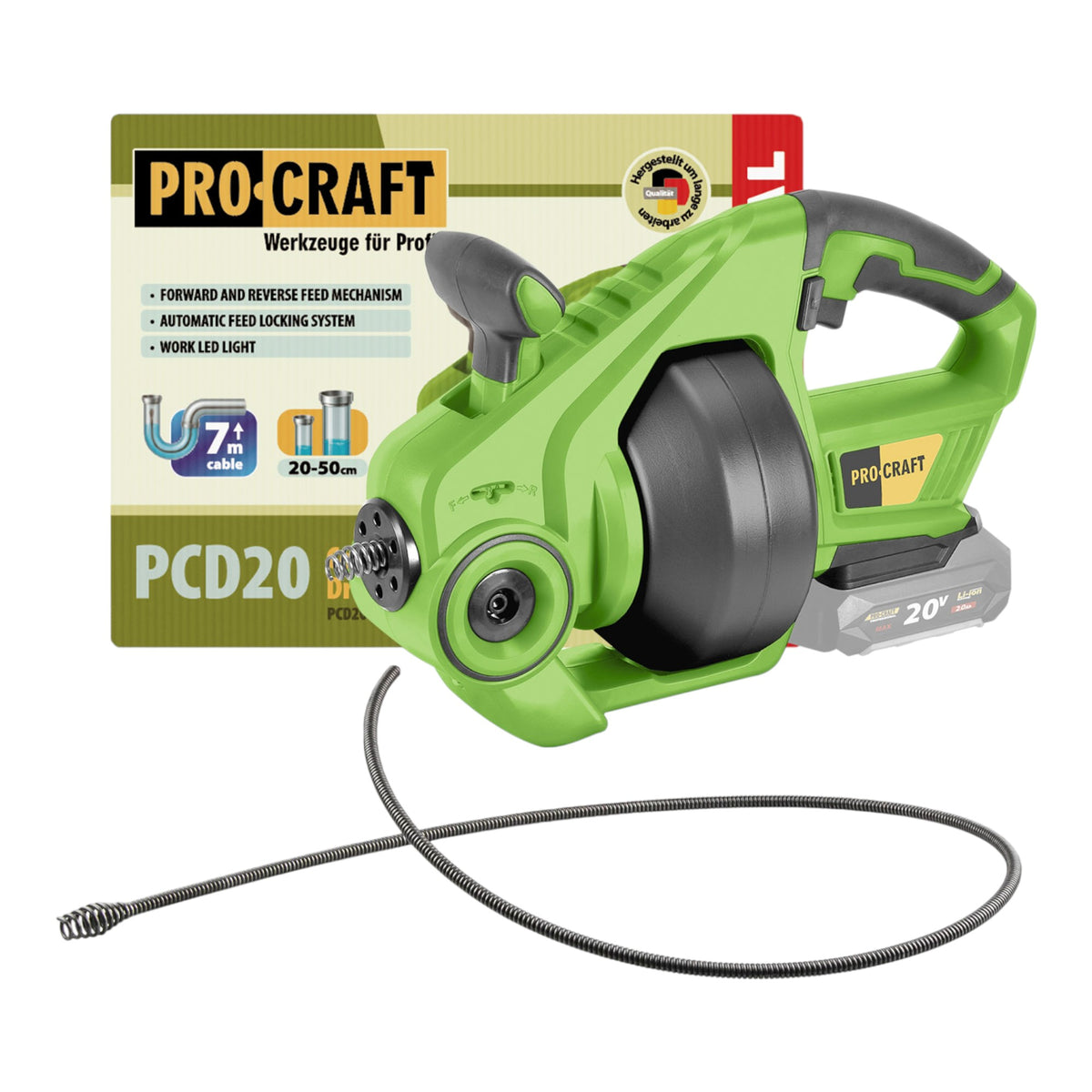 Procraft PCD20-BB Limpiador de tuberías a batería 20 V 7 m x 7 mm Brushless Solo - sin batería, sin cargador