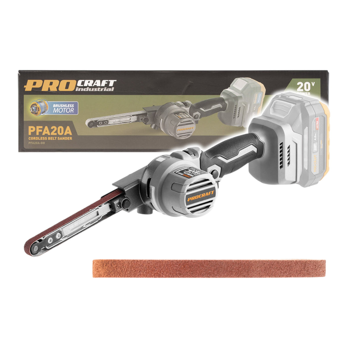 Lijadora de cinta a batería ProCraft Industrial PFA20A-BB de 20 V, 13 x 457 mm, sin escobillas, modelo Solo —sin batería ni cargador—