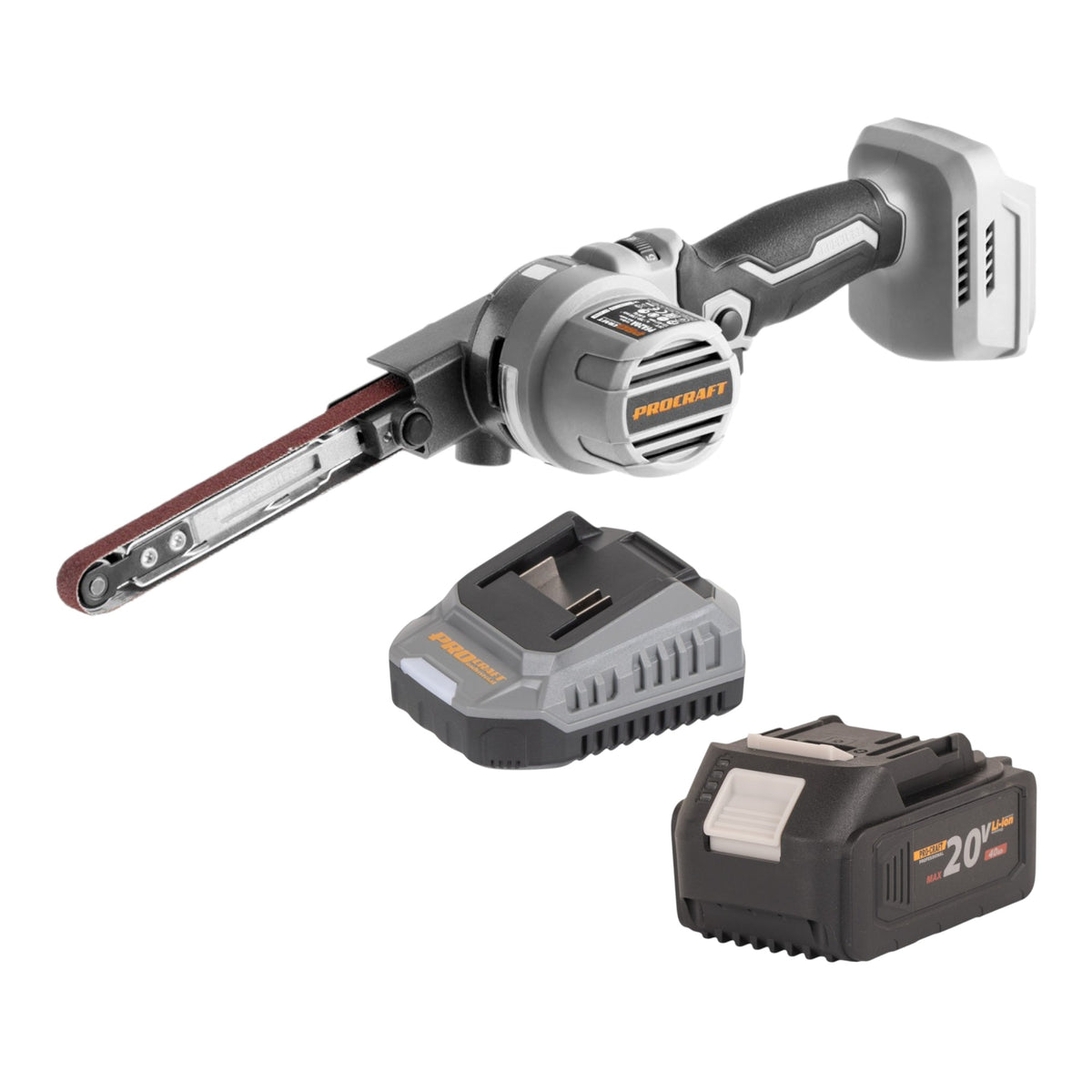 Lijadora de cinta a batería ProCraft Industrial PFA20A-BB de 20 V, 13 x 457 mm, sin escobillas + 1 batería de 4,0 Ah + cargador