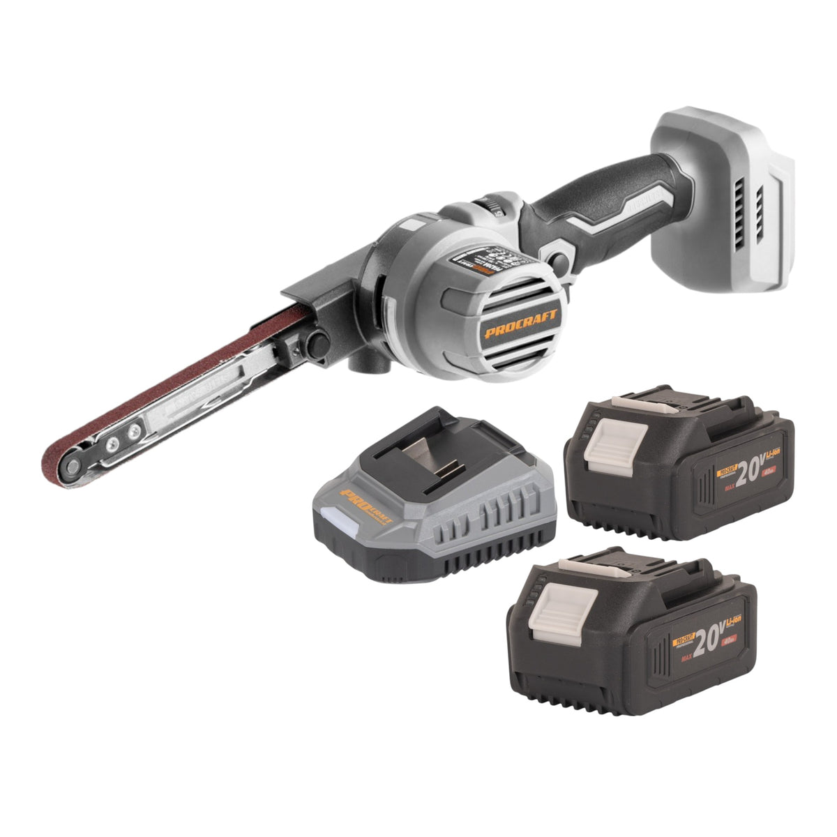 Lijadora de cinta a batería ProCraft Industrial PFA20A-BB de 20 V, 13 x 457 mm, sin escobillas + 2 baterías de 4,0 Ah + cargador