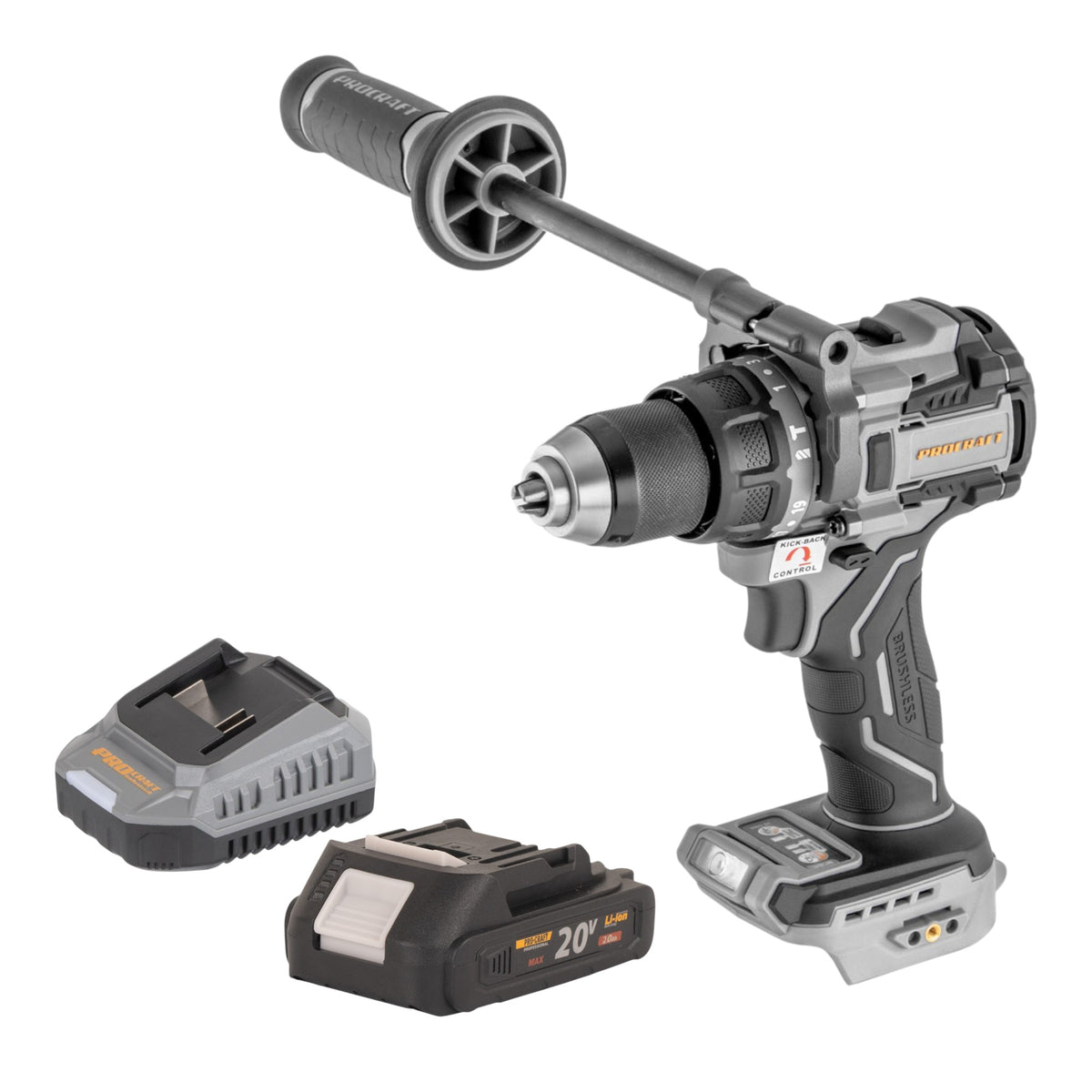 Taladro atornillador de percusión a batería ProCraft Industrial CD20C-BB, 20 V, 120 Nm, sin escobillas + 1 batería de 2,0 Ah + cargador