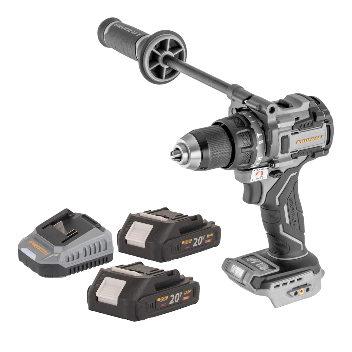 Taladro atornillador de percusión a batería ProCraft Industrial CD20C-BB de 20 V, 120 Nm, sin escobillas + 2 baterías de 2,0 Ah + cargador