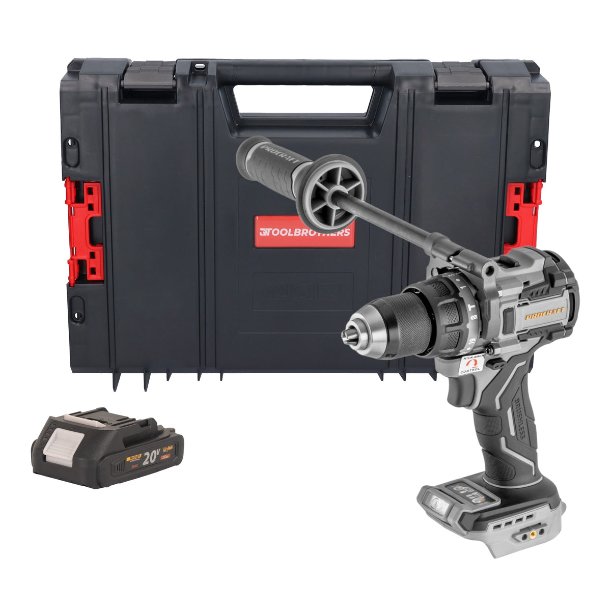 Taladro atornillador de percusión a batería ProCraft Industrial CD20C-BB de 20 V, 120 Nm, sin escobillas + 1 batería de 2,0 Ah + maletín RHINO - sin cargador