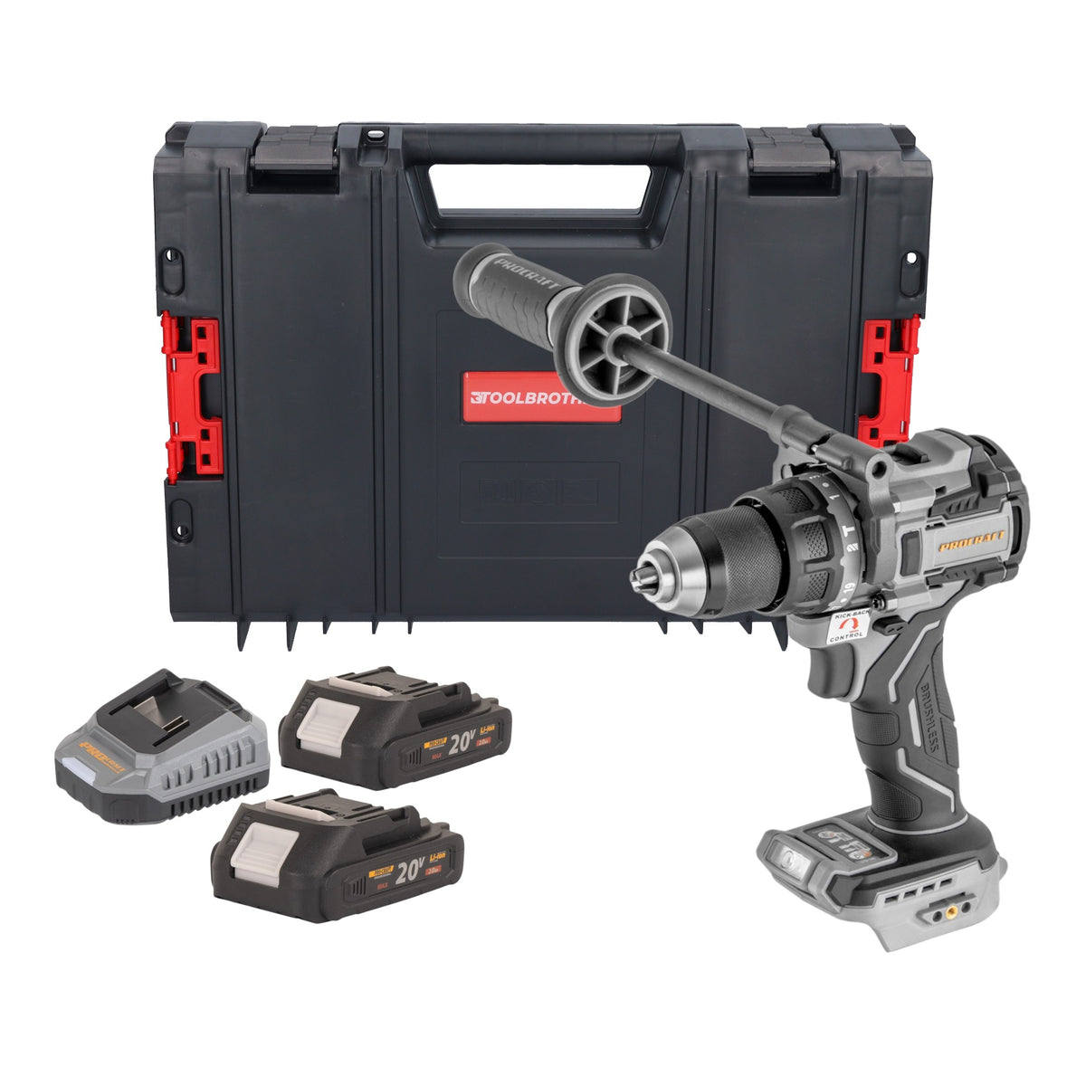 Taladro atornillador de percusión a batería ProCraft Industrial CD20C-BB de 20 V, 120 Nm, sin escobillas + 2 baterías de 2,0 Ah + cargador + maletín RHINO