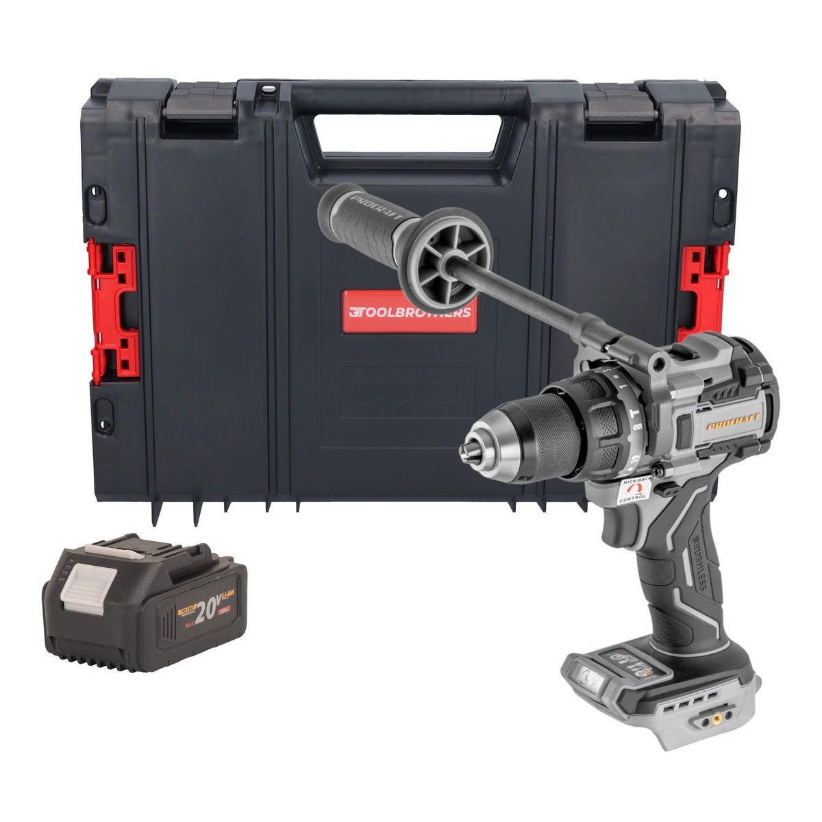 Taladro atornillador de percusión a batería ProCraft Industrial CD20C-BB de 20 V, 120 Nm, sin escobillas + 1 batería de 4,0 Ah + maletín RHINO - sin cargador