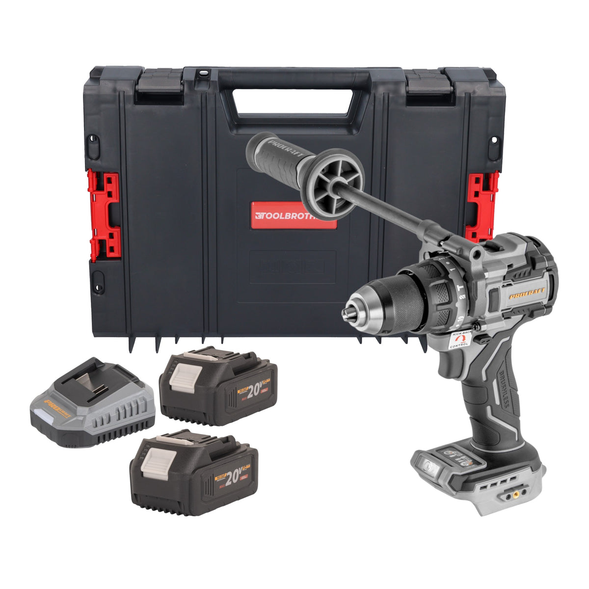 Taladro atornillador de percusión a batería ProCraft Industrial CD20C-BB de 20 V, 120 Nm, sin escobillas + 2 baterías de 4,0 Ah + cargador + maletín RHINO
