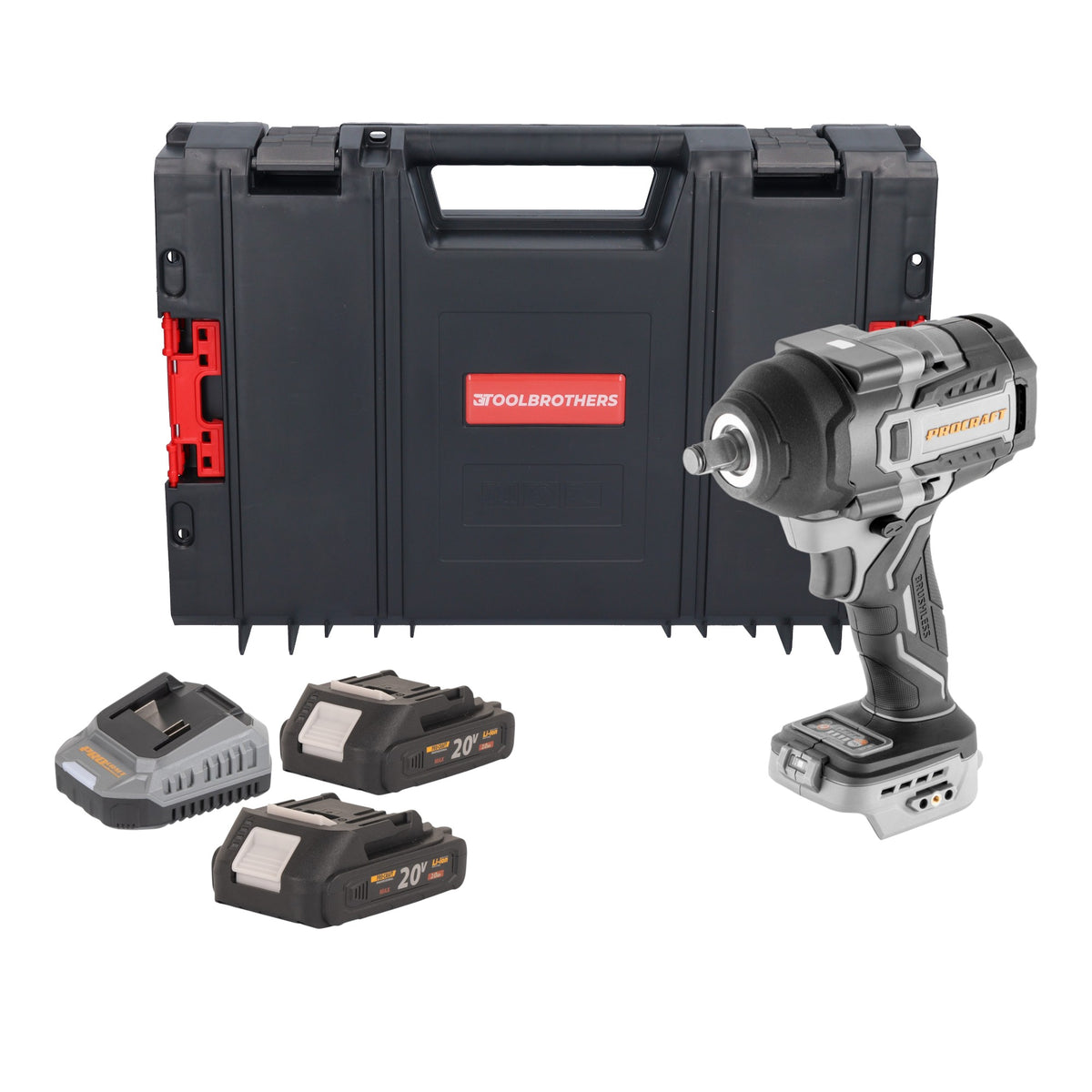 Atornillador de impacto a batería ProCraft Industrial IW850A-BB de 20 V, 850 Nm, 1/2", sin escobillas + 2 baterías de 2,0 Ah + cargador + maletín RHINO