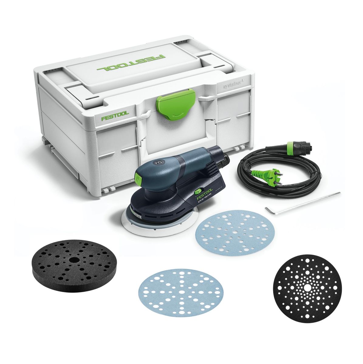 Lijadora rotorbital Festool ETS EC150/3 EQ-Plus 400 W 150 mm sin escobillas + 250x discos lijadores + 2x almohadilla protectora + almohadilla de interfaz + systainer