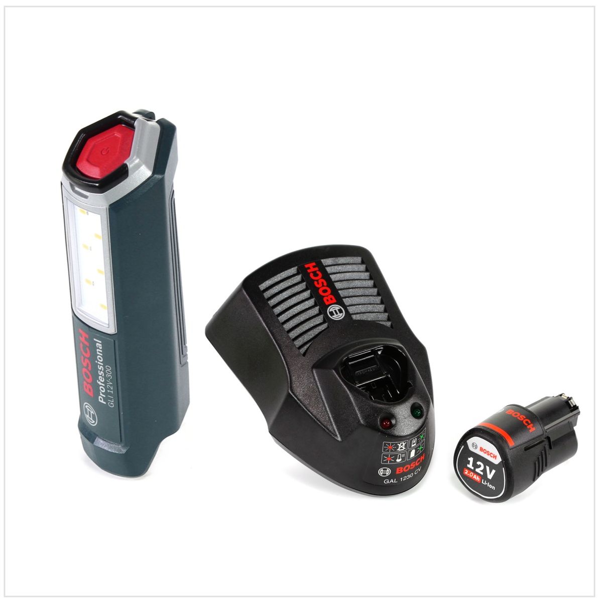Bosch Professional GLI 12V-300 Lámpara a batería + 1x Batería GBA 12V 2,0 Ah + Cargador GAL 1230 CV