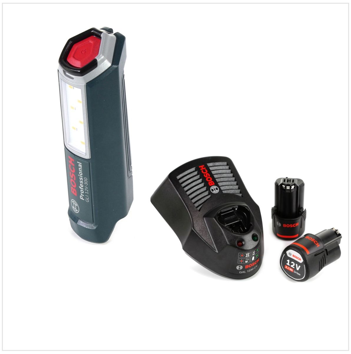 Bosch Professional GLI 12V-300 Lámpara a batería + 2x Batería GBA 12V 2,0 Ah + Cargador GAL 1230 CV