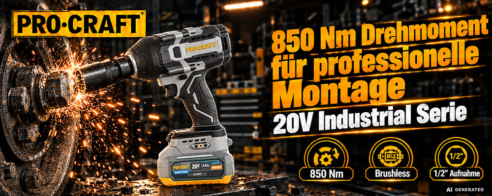 Atornillador de impacto a batería ProCraft Industrial IW850A-BB de 20 V, 850 Nm, 1/2", sin escobillas + 1 batería de 2,0 Ah + cargador + maletín RHINO