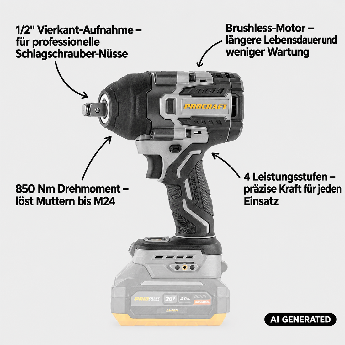 Atornillador de impacto a batería ProCraft Industrial IW850A-BB de 20 V, 850 Nm, 1/2", sin escobillas + 1 batería de 2,0 Ah + cargador + maletín RHINO